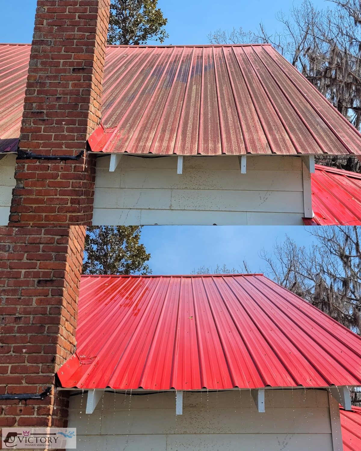 Before and after view of a professionally cleaned metal roof